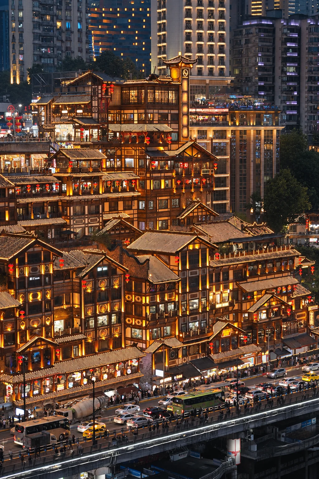 Illuminated timber buildings at Hongya Cave, Chongqing